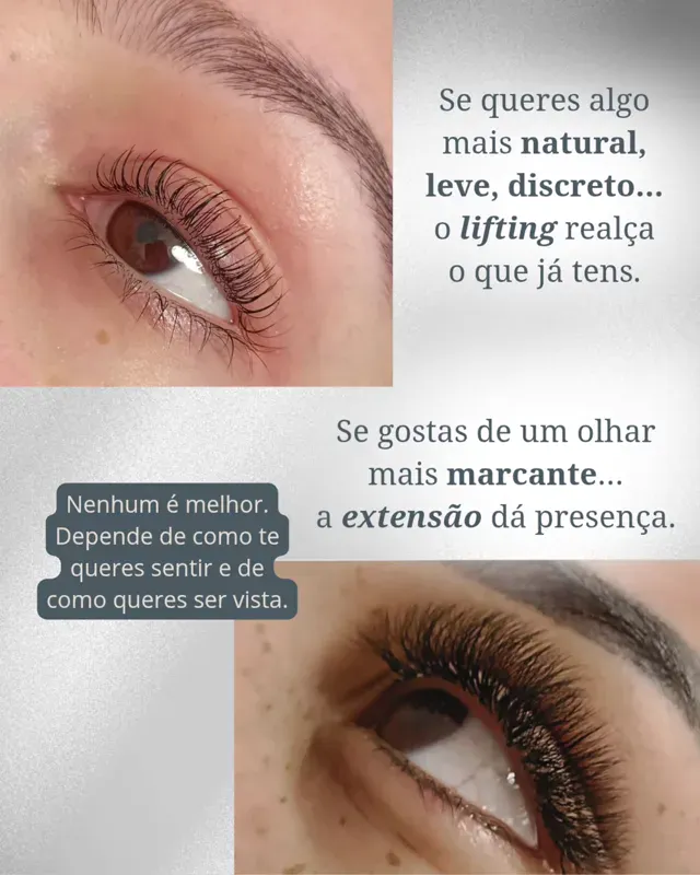 Comparação de lifting natural e extensão de pestanas da Marine